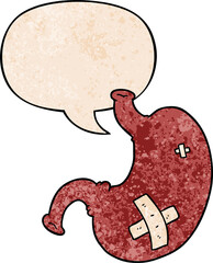 cartoon stomach and speech bubble in retro texture style