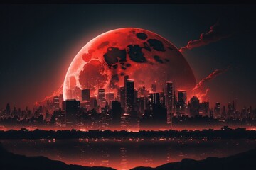 Full blood moon above the city with skyscrapers. skyline. A total lunar eclipse is sometimes called a Blood Moon, because of the reddish tinge the Full Moon takes on when fully eclipsed. - obrazy, fototapety, plakaty