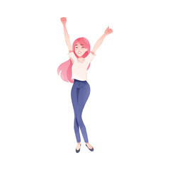 Happy Woman Character Rejoicing and Cheering Vector Illustration