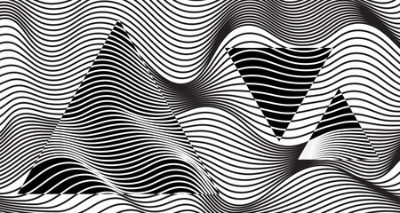Triangles of ripple texture black and white curve lines background vector design. Wave oblique smooth lines optical effect pattern. Monochrome gray scale wave curves texture, black ripple on white.