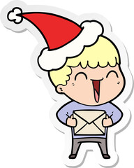 sticker cartoon of a happy man wearing santa hat
