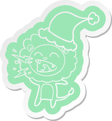 cartoon  sticker of a roaring lion wearing santa hat