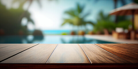Empty wooden surface with summer travel hotel swimming pool background. Generative ai
