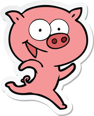 sticker of a cheerful running pig cartoon