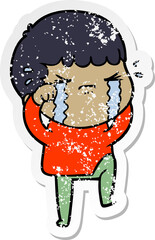 distressed sticker of a cartoon man crying