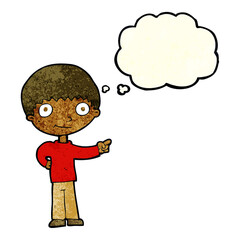 Obraz na płótnie Canvas cartoon happy boy pointing with thought bubble