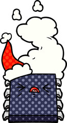 comic book style illustration of a overheating computer chip wearing santa hat