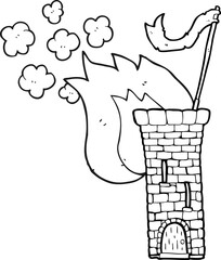 black and white cartoon old castle tower waving white flag