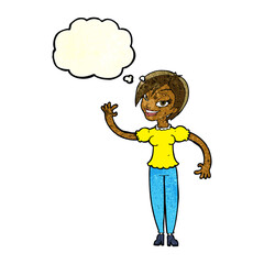 cartoon woman waving with thought bubble