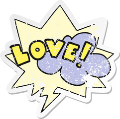 cartoon word love and speech bubble distressed sticker