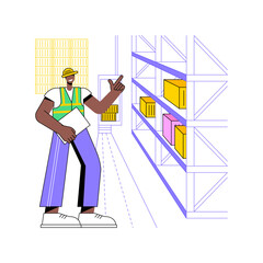 Automated storage and retrieval system isolated cartoon vector illustrations. Warehouse manager controls automatically retrieving of goods, inventory technologies, AS-RS industry vector cartoon.