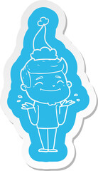 happy cartoon  sticker of a man shrugging wearing santa hat