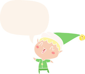 cartoon happy christmas elf and speech bubble in retro style
