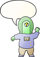 cartoon space alien and speech bubble in smooth gradient style