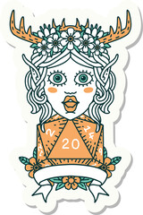 elf druid character with natural 20 dice roll sticker
