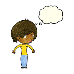 cartoon woman shrugging with thought bubble