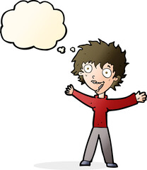 cartoon excited woman with thought bubble