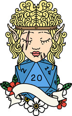 elf barbarian character face with natural twenty dice roll illustration