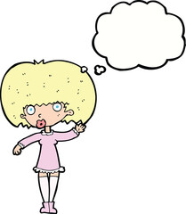 cartoon waving girl with thought bubble