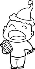 line drawing of a shouting bald man wearing santa hat