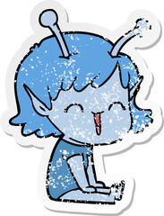 distressed sticker of a cartoon alien girl laughing