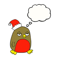 thought bubble cartoon christmas robin wearing santa hat