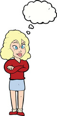cartoon woman with crossed arms with thought bubble