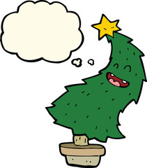 cartoon dancing christmas tree with thought bubble