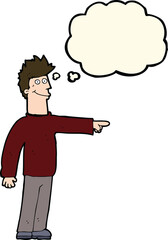 cartoon happy pointing man with thought bubble