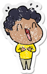 distressed sticker of a cartoon happy man laughing