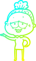 cold gradient line drawing cartoon happy old lady