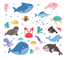 Sea Underwater Animals and Cute Aquatic Creature Floating in the Ocean Vector Set
