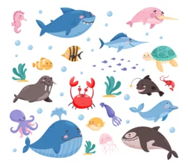 Deurstickers Sea Underwater Animals and Cute Aquatic Creature Floating in the Ocean Vector Set © Happypictures