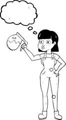 thought bubble cartoon woman in dungarees with coffee