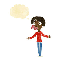 cartoon woman telling lies with thought bubble