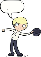 cartoon man tipping hat with speech bubble