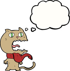 cartoon frightened cat with thought bubble