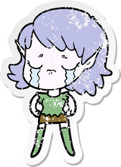 distressed sticker of a cartoon crying elf girl