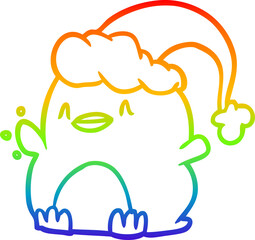 rainbow gradient line drawing penguin wearing christmas hat