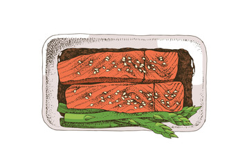 Japanes teriyaki salmon with green vegetables.