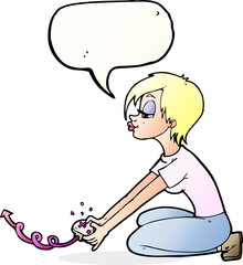cartoon girl playing computer games with speech bubble