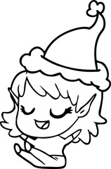 happy line drawing of a elf girl sitting wearing santa hat