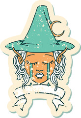 crying elf mage character face wiht banner illustration