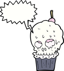 cartoon spooky skull cupcake with speech bubble