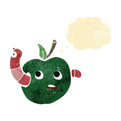 cartoon worm in apple with thought bubble