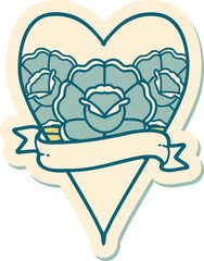 tattoo style sticker of a heart and banner with flowers