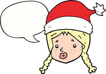 cartoon girl wearing christmas hat and speech bubble
