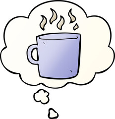 cartoon hot cup of coffee and thought bubble in smooth gradient style
