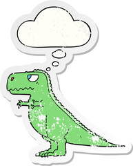 cartoon dinosaur and thought bubble as a distressed worn sticker
