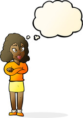 cartoon woman with crossed arms with thought bubble